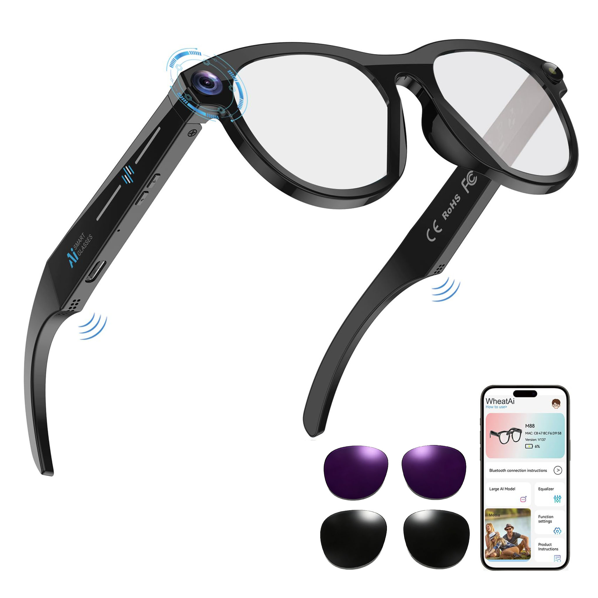 Audio Music Ai - Black Smart Ai Glasses for Men,